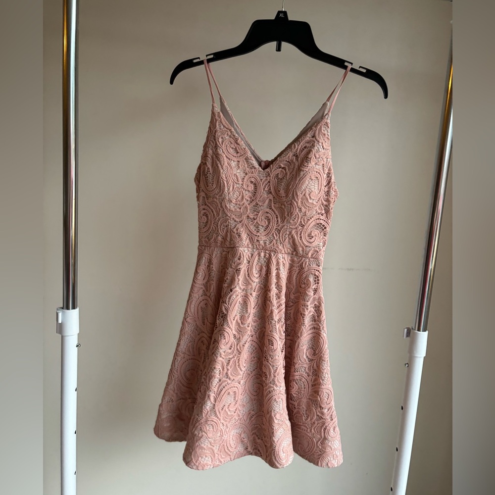 Blush pink short a-line lace dress